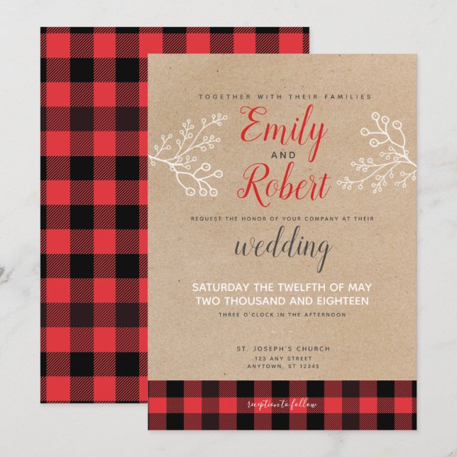 Christmas Winter Flannel Red Black Wedding Invitation (Front/Back)