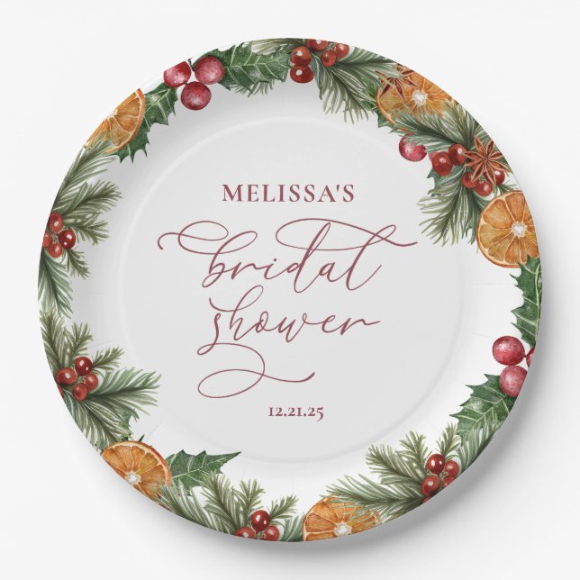 Christmas Winter Floral Bridal Shower Paper Plates (Front)