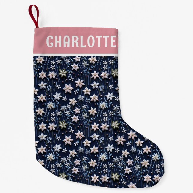 Christmas Winter Floral Embroidered Personalized Small Christmas Stocking (Front)