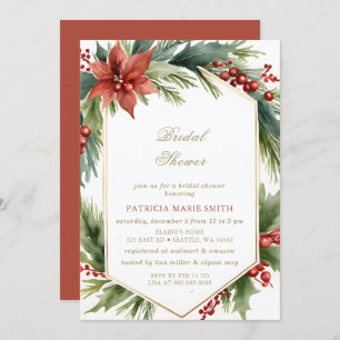 Christmas Winter Floral Green Gold Bridal Shower Invitation