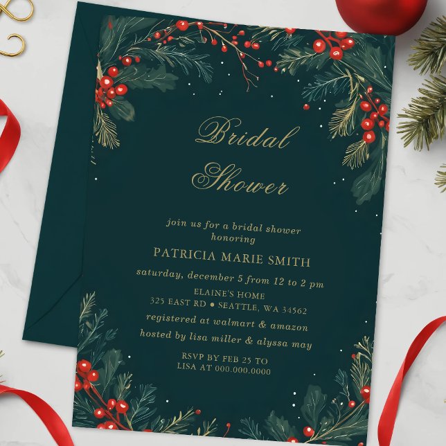 Christmas Winter Floral Green Gold Bridal Shower Invitation (Christmas Winter Floral Green Gold Bridal Shower Invitation)