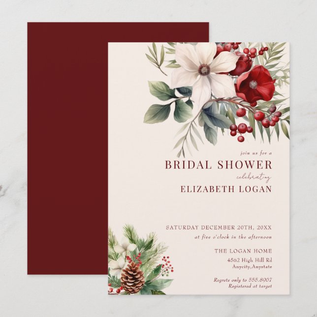 Christmas Winter Floral | Red Bridal Shower Invitation (Front/Back)