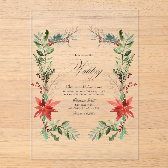 Christmas Winter Floral Transparent Wedding Acrylic Invitations (Front)