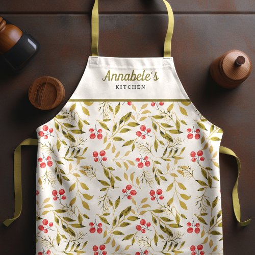 Christmas Winter Floral Watercolor Green Apron