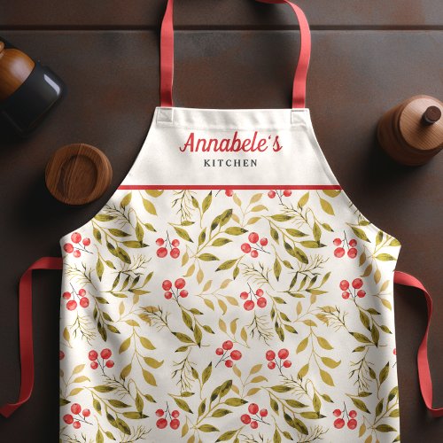 Christmas Winter Floral Watercolor Red Apron