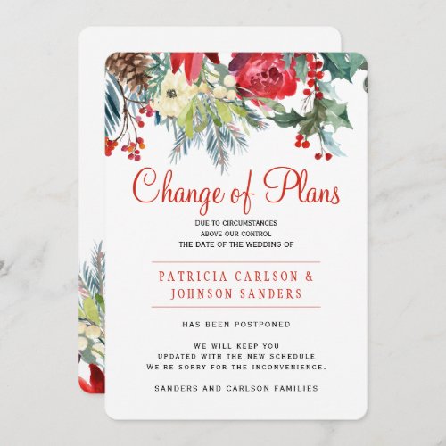 Christmas winter floral wedding change of plans invitation