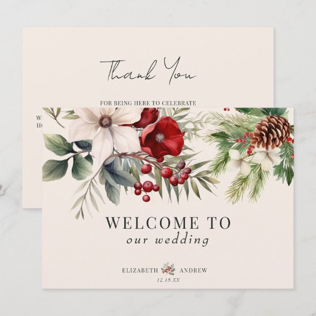 Christmas Winter Floral  Wedding Welcome Cards (Front/Back)