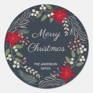 Christmas Winter flowers and berries wreath Classi Classic Round Sticker
