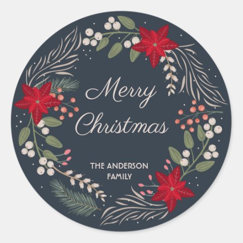 Christmas Winter flowers and berries wreath  Classic Round Sticker