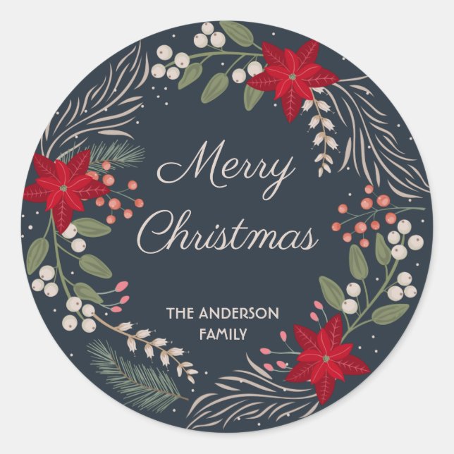 Christmas Winter flowers and berries wreath  Classic Round Sticker (Front)