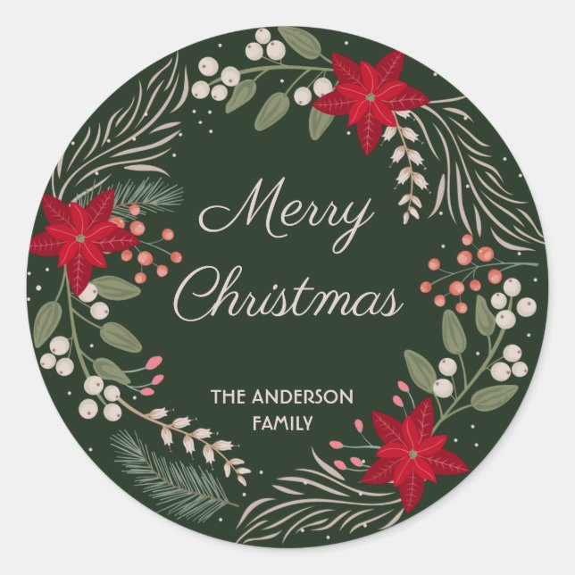 Christmas Winter flowers and berries wreath Classic Round Sticker (Front)