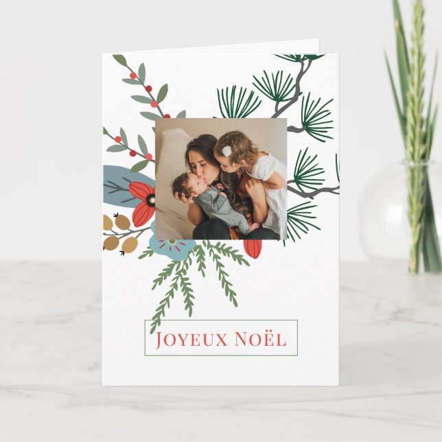 Christmas Winter Flowers Joyeux Noël Holiday Photo Card (Front)