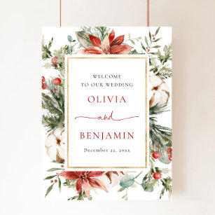 Christmas Winter Foliage Red Wedding Welcome Sign