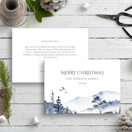 Christmas Winter Forest Landscape Blue White Holiday Card
