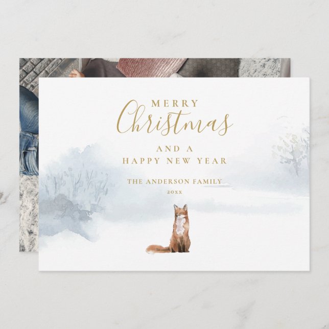 Christmas Winter Fox Elegant Gold Script Photo Holiday Card (Front/Back)
