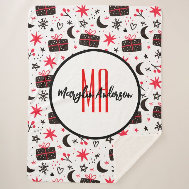 CHRISTMAS WINTER GIFTS AND SNOWFLAKES MONOGRAM SHERPA BLANKET (Front)