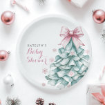 Christmas Winter Girl Baby Shower Paper Plates<br><div class="desc">Celebrate the arrival of your little girl with this charming winter-themed baby shower Paper Plates. Featuring a teal Christmas tree adorned with a delicate blush pink bow and surrounded by pastel snowflakes, this elegant design blends festive charm with a soft, coquette touch. Perfect for creating a memorable winter baby shower...</div>