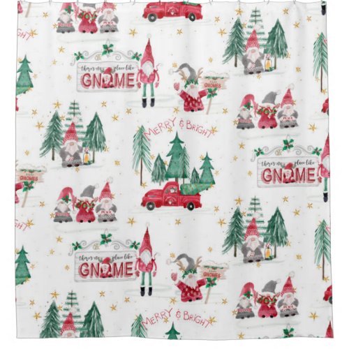 Christmas Winter Gnome Merry Bright Tree Red Truck Shower Curtain