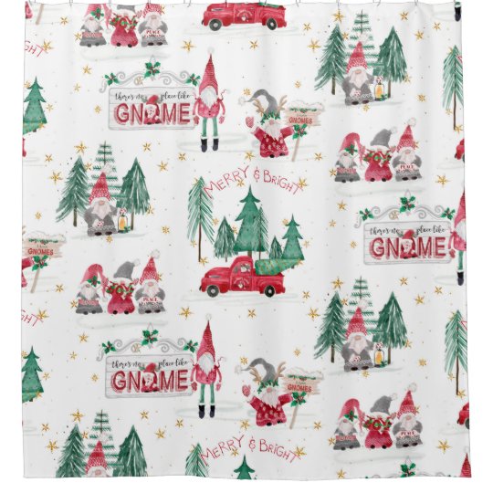 Christmas Winter Gnome Merry Bright Tree Red Truck Shower Curtain Zazzle