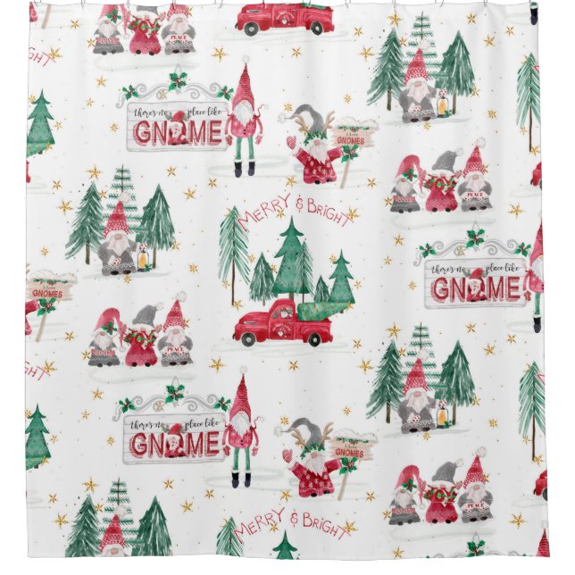 Christmas Winter Gnome Merry Bright Tree Red Truck Shower Curtain (Front)