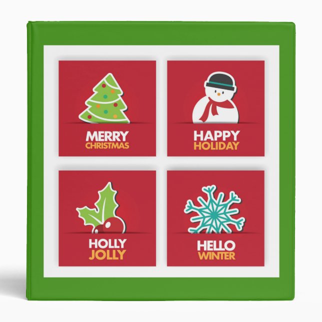 Christmas Winter Green Red Squares Festive 3 Ring Binder (Front)