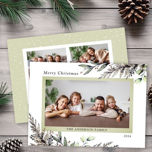 Christmas Winter Greenery 3 Photos Message Holiday Card