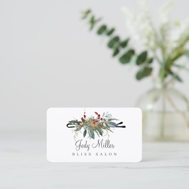 Christmas Winter Greenery Bobby Pin Hair Salon Business Card (Standing Front)