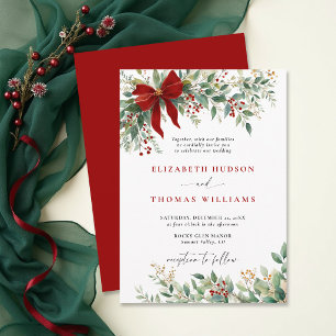 Christmas Winter Greenery Bow Red Rustic Wedding Invitation