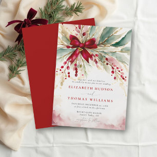 Christmas Winter Greenery Red Bow Rustic Wedding Invitation