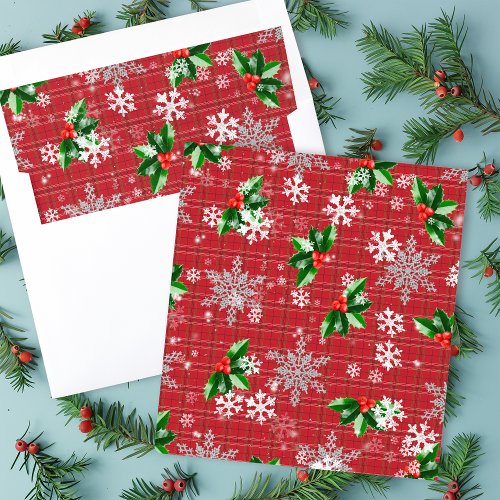 Christmas Winter Greenery Snowflakes on Red Plaid Envelope Liner