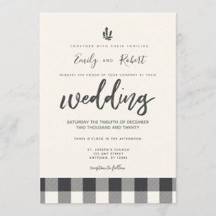 Christmas Winter Grey Buffalo Plaid Wedding Invitation