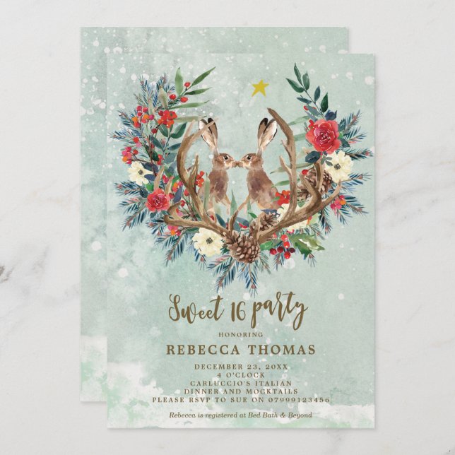 christmas winter hares sweet 16 party invitation (Front/Back)