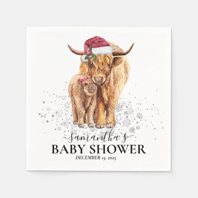Christmas Winter Highland Cow Calf Baby Shower    Napkins (Front)