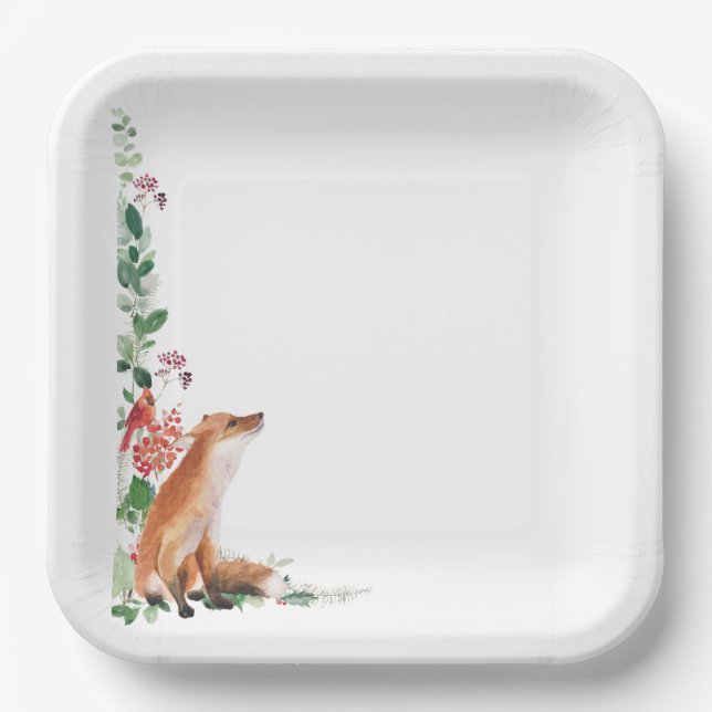 Christmas winter holiday fox red cardinal paper plates (Front)