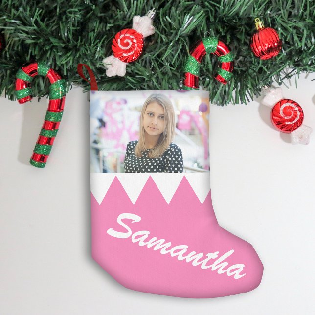 Christmas Winter Holiday Personalized Photo Pink Small Christmas Stocking (Creator Uploaded)