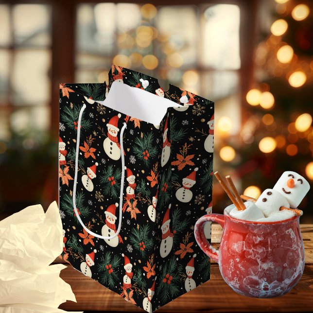Christmas Winter Holiday Snowman Floral Pattern  Medium Gift Bag (Cute Christmas Winter Holiday Snowman Poinsettia, Pine and Berries Floral Pattern Gift Bag)
