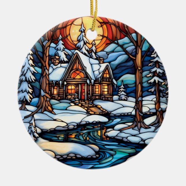 Christmas Winter Landscape stained glass style Ceramic Ornament (Front)