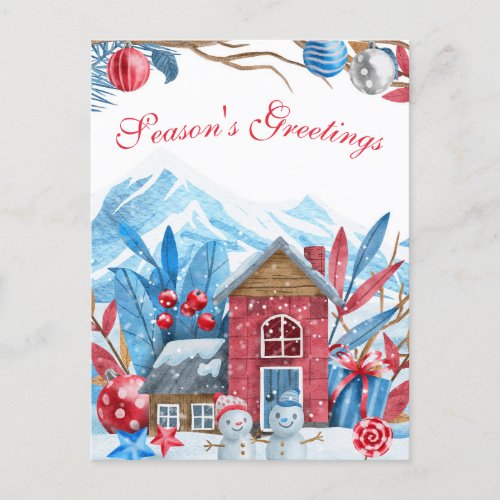 Christmas Winter Landscape Watercolor Holiday Postcard