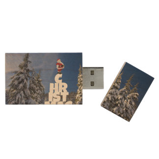Christmas winter landscape wood flash drive