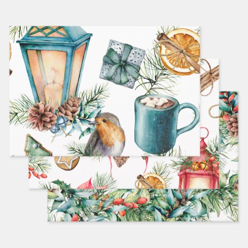 Christmas Winter Lanterns Holly 3 Designs Wrapping Paper Sheets