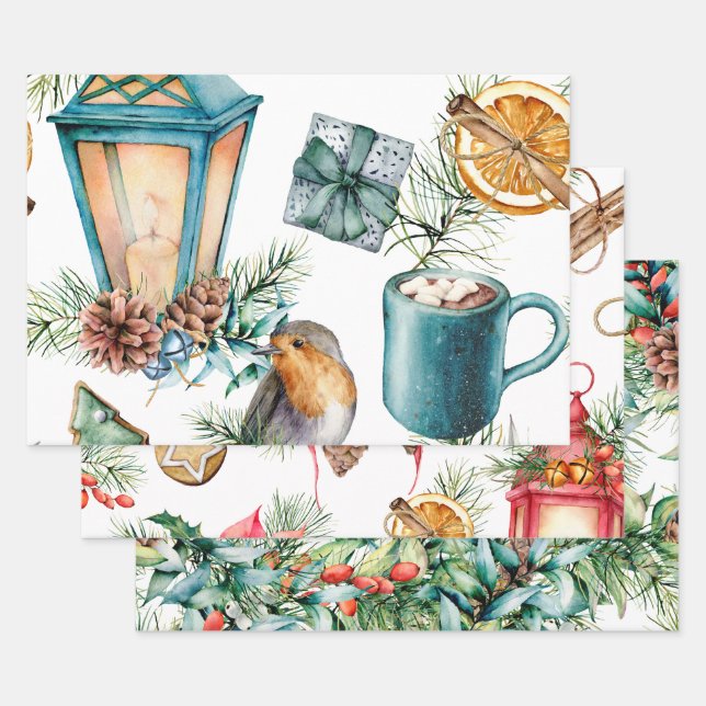 Christmas Winter Lanterns Holly 3 Designs Wrapping Paper Sheets (Set)