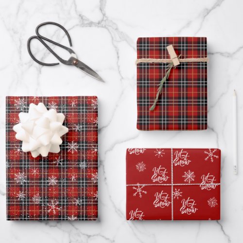 Christmas Winter LET IT SNOW Red Black Plaid  Wrapping Paper Sheets