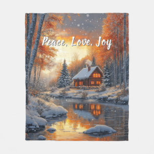 Christmas Winter Log Cabin Snow River Sun    Fleece Blanket