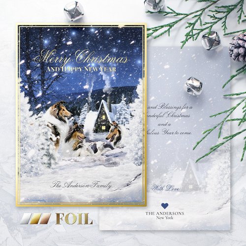 Christmas Winter Magic Rough Collies  Lambs _ Foil Holiday Card