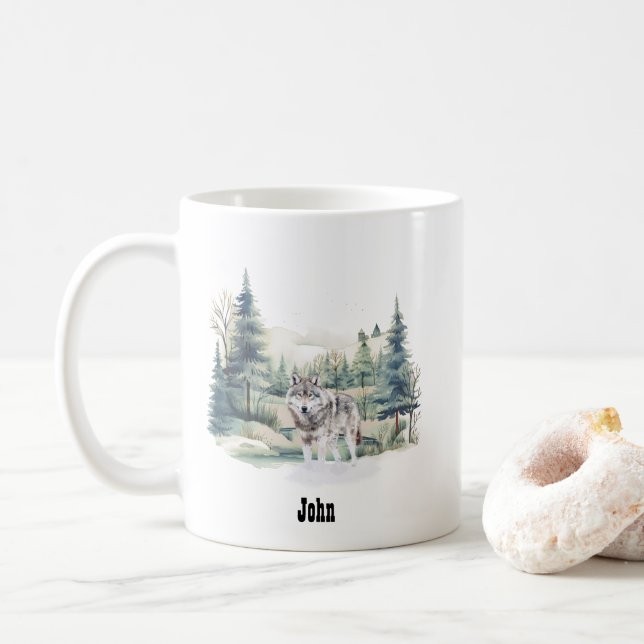 Christmas Winter Mountain Forest Adventure Wolf Coffee Mug (With Donut)