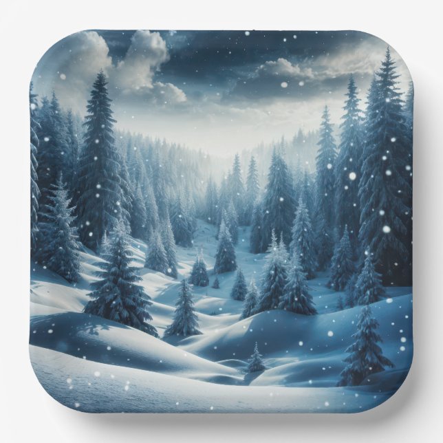 Christmas Winter Mountain Scene Paper Plates (Front)
