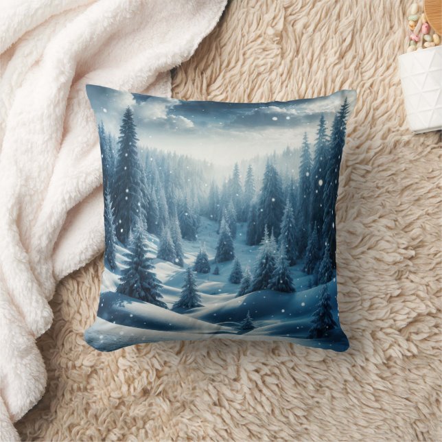 Christmas Winter Mountain Scene Throw Pillow (Blanket)