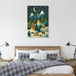 Christmas Winter Night Landscape Cozy Mountain Canvas Print