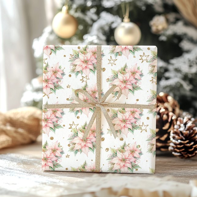Christmas Winter Onederland gold pink Poinsettia Wrapping Paper Sheets (Creator Uploaded)