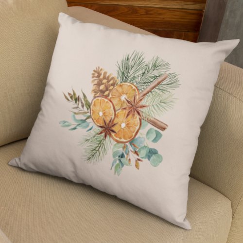Christmas Winter Orange Pine Spice Bouquet  Throw Pillow